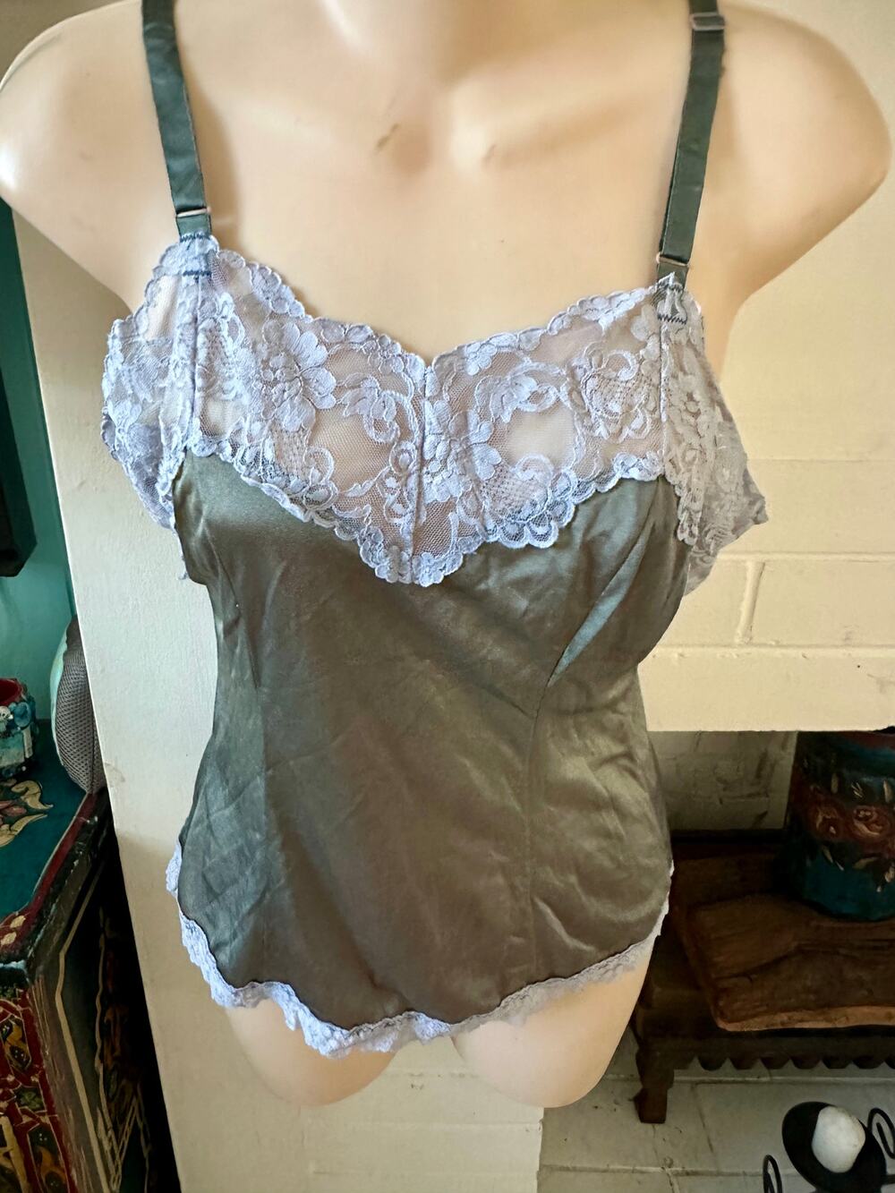 VINTAGE SAGE GREEN LACE TRIM CAMI CAMISOLE - 60's PIECE UPCYCLED IN THE 90's